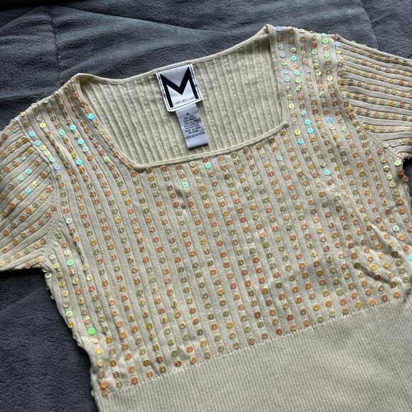 Vintage Y2K Marc Bouwer Sequin Square Neck Short Sleeve Yellow Sweater Top Sz M - Picture 2 of 6